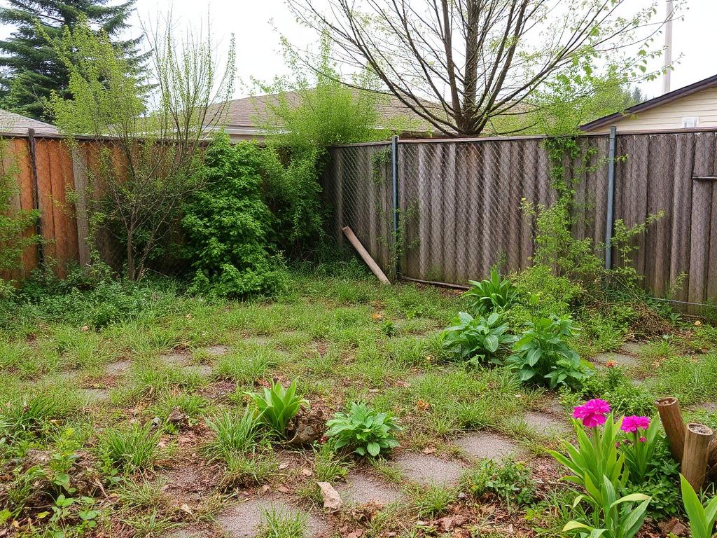 Before: overgrown backyard with sagging chain-link fence in Wilmington, NC